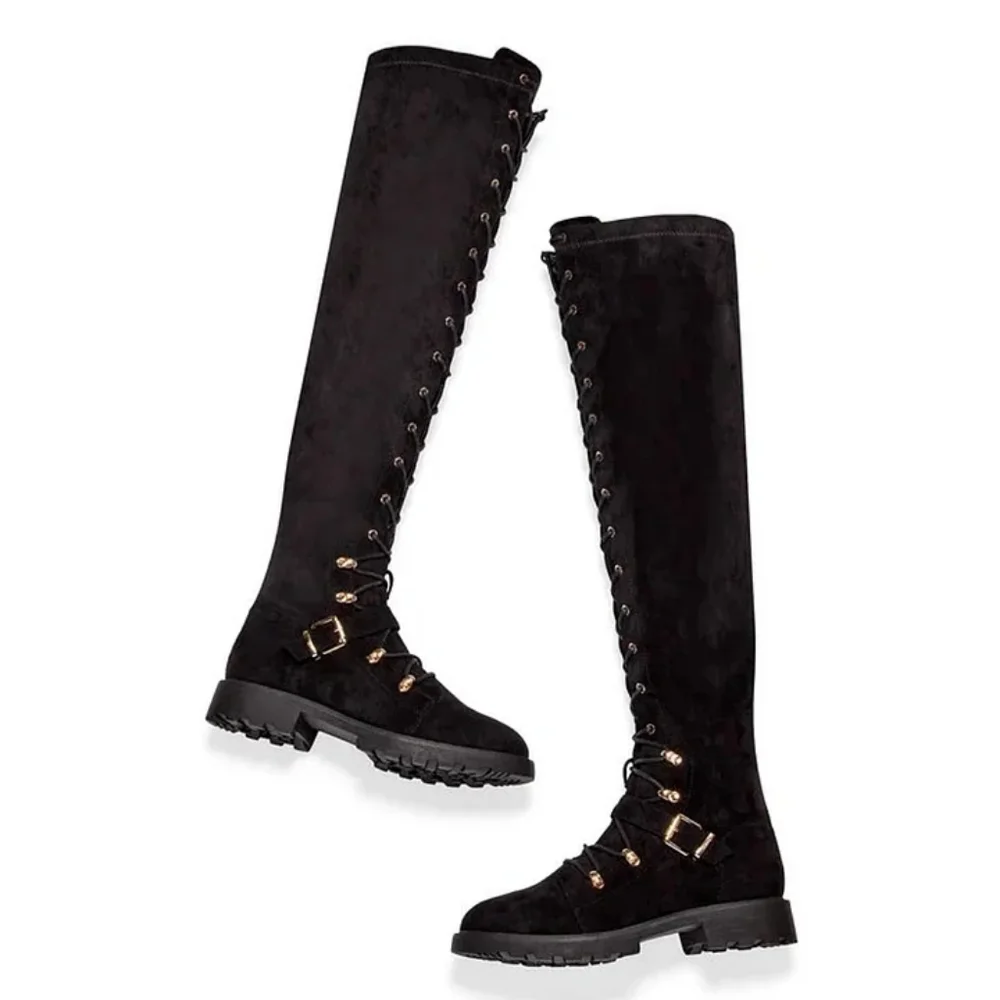 Women's faux suede lace front buckle black high boots size 6
